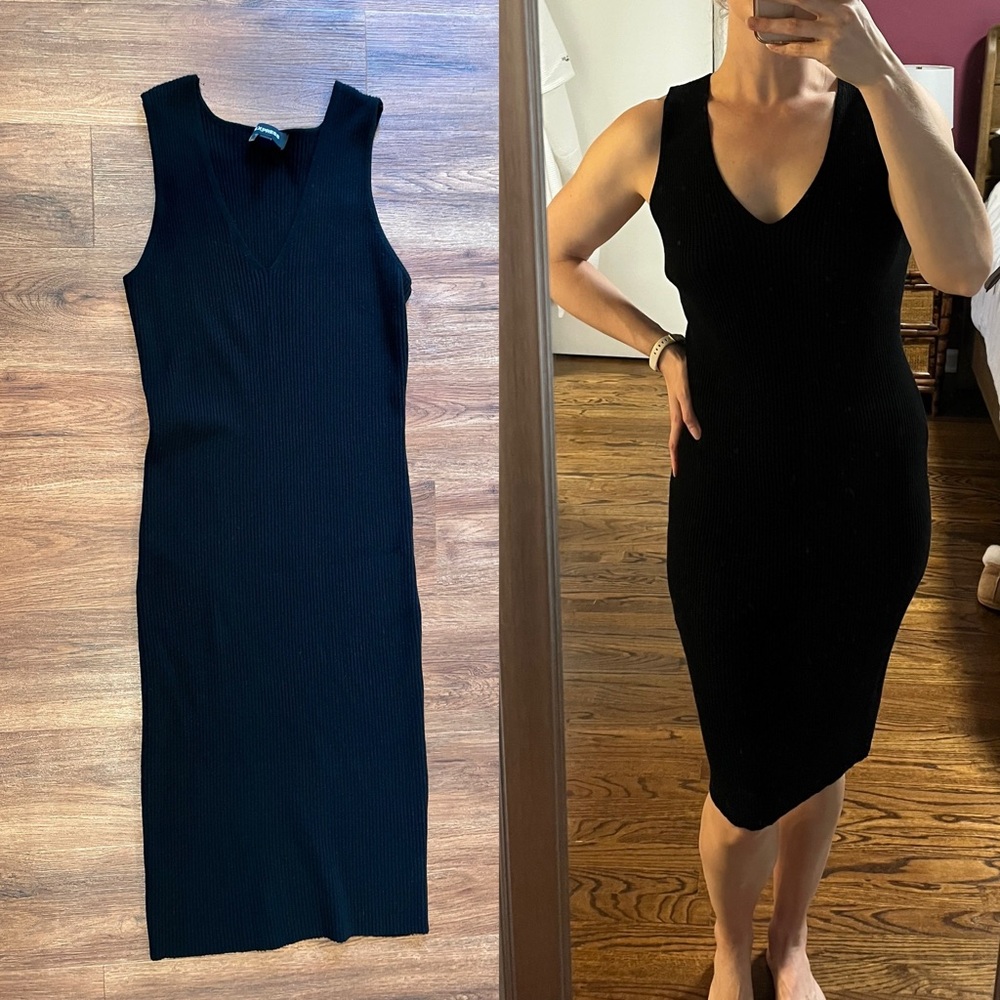 EXPRESS Black Ribbed V-Neck Sleeveless Midi Dress Classic LBD Women's Small